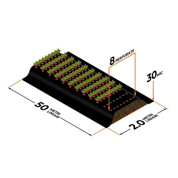 Csomag-talajtakaró fólia perforált 30 mik 8p/25cm (2 m x 50m) csepegtő szalaggal és csatlakozókkal, 100nm-re