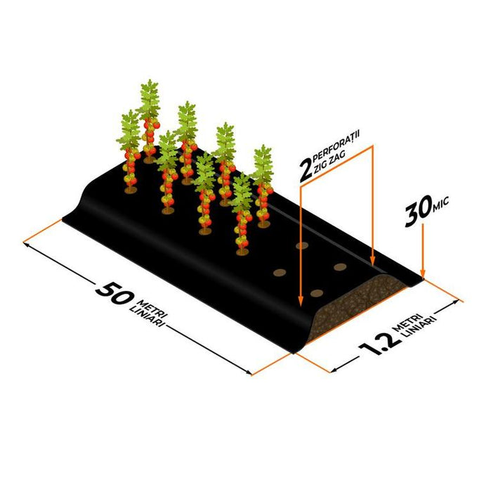 Csomag-perforált talajtakaró fólia 30 mik 2zz/30cm (1.2x50m) csepegtetőcsővel és csatlakozókkal, 60nm-re