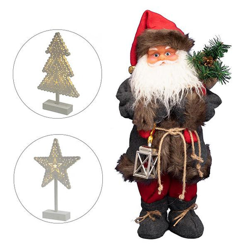 Karácsonyi dekoráció, tartalmazza: Mikulás figurát, karácsonyfát és csillagot