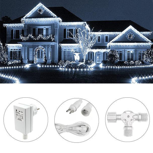 Dekoratív téli díszvilágítás, hideg fehér fény - Füzér csomag: 20m eresz, 10m erkély, 2x10m ablakok, tartozékokkal